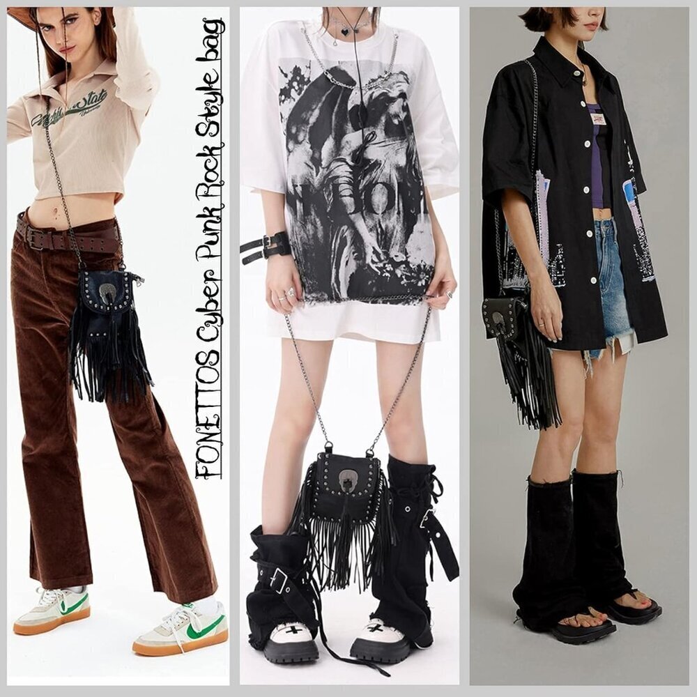 Vegan Leather Crossbody Bag Gothic Y2K Fringe Skull Tassel Halloween - Picture 5 of 7